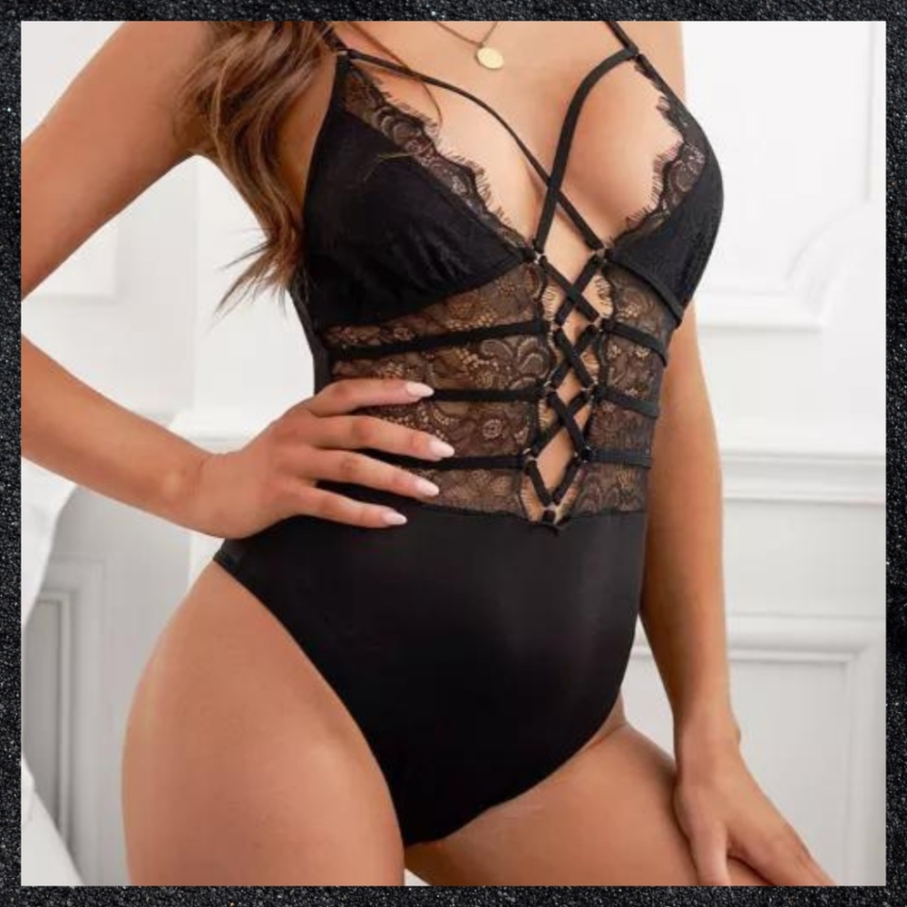 Black Strappy Lace Front Bodysuit